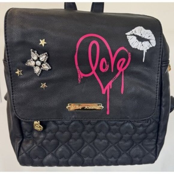 Betsey Johnson Black faux leather Backpack School Bag travel bag FUN 90s style - Picture 1 of 7